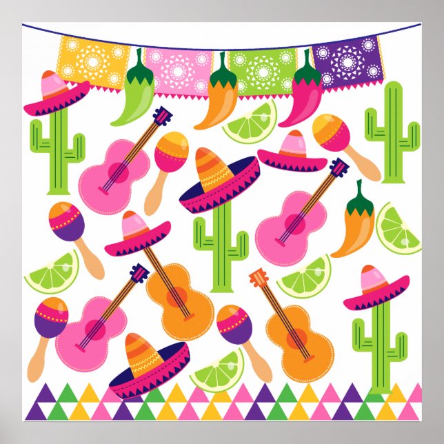 Fiesta Party Sombrero Cactus Limes Peppers Maracas Poster (Front)