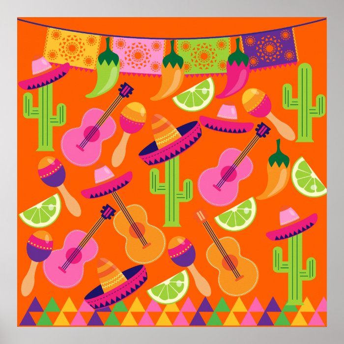 Fiesta Party Sombrero Cactus Limes Peppers Maracas Poster