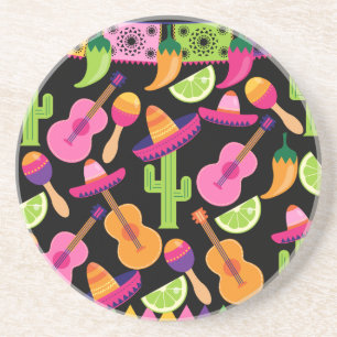 Fiesta Party Sombrero Cactus Limes Peppers Maracas Sandstone Coaster