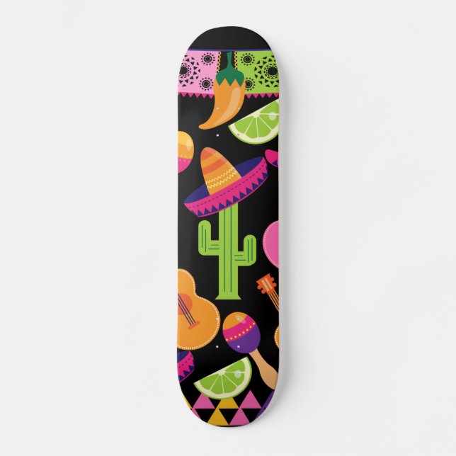 Fiesta Party Sombrero Cactus Limes Peppers Maracas Skateboard Deck (Front)