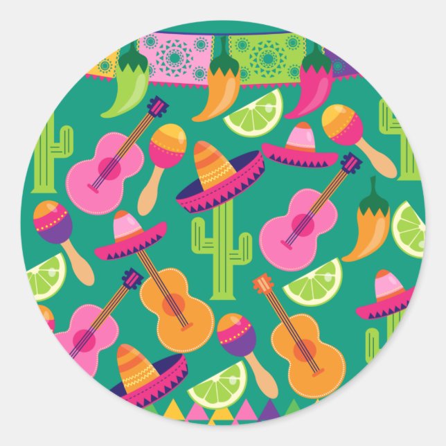 Fiesta Party Sombrero Limes Guitar Maraca Saguaro Classic Round Sticker (Front)