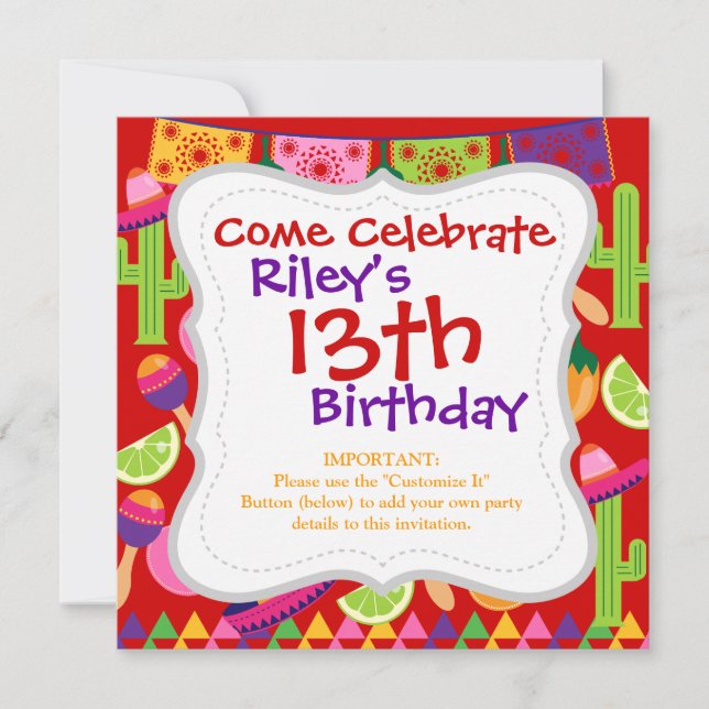 Fiesta Party Sombrero Limes Guitar Maraca Saguaro Invitation (Front)