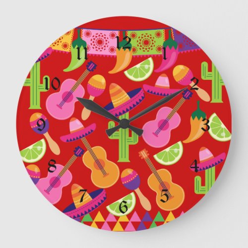 Fiesta Party Sombrero Limes Guitar Maraca Saguaro Large Clock