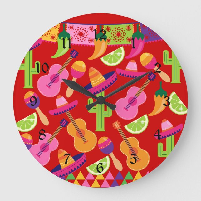 Fiesta Party Sombrero Limes Guitar Maraca Saguaro Large Clock (Front)