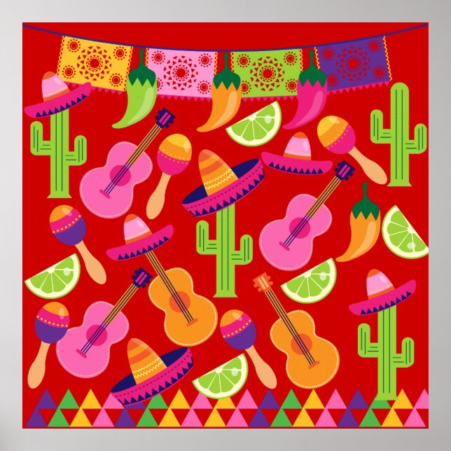 Fiesta Party Sombrero Limes Guitar Maraca Saguaro Poster (Front)