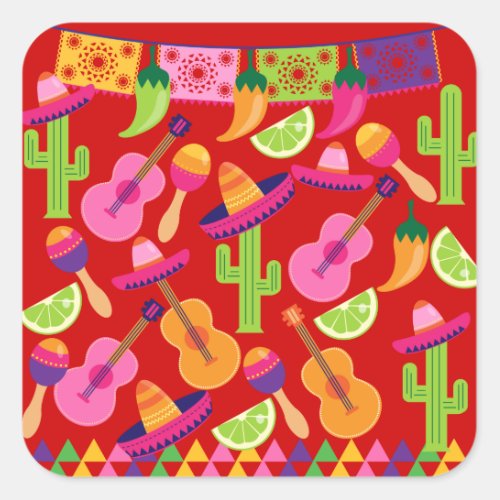 Fiesta Party Sombrero Limes Guitar Maraca Saguaro Square Sticker