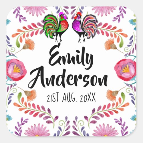 FIESTA Partyware Personalized Folk Art Flowers Square Sticker