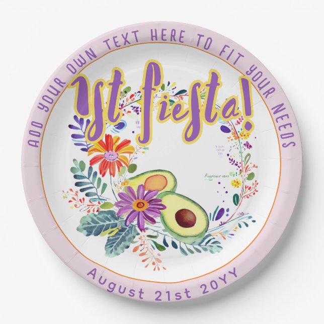 FIESTA Pink Avocado Folkart Flowers Custom Paper Plates (Front)