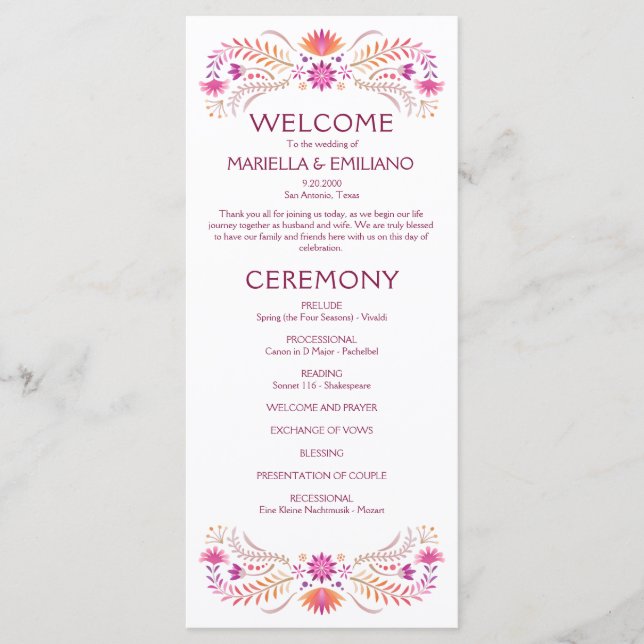 Fiesta Pink Wedding Program (Front)