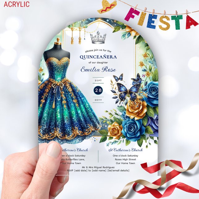 Fiesta Quinceanera Floral Butterflies Blue Gold Acrylic Invitations (Creator Uploaded)