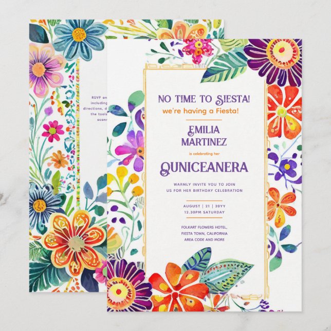 FIESTA QUINCEANERA Folkart Flowers Theme Invitation (Front/Back)