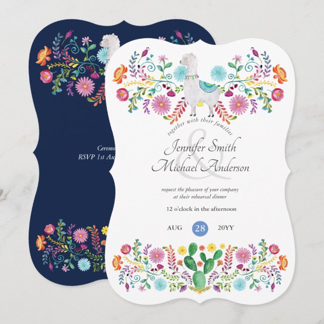 Fiesta Rehearsal Dinner Llama Folk Flowers Cacti Invitation (Front/Back)