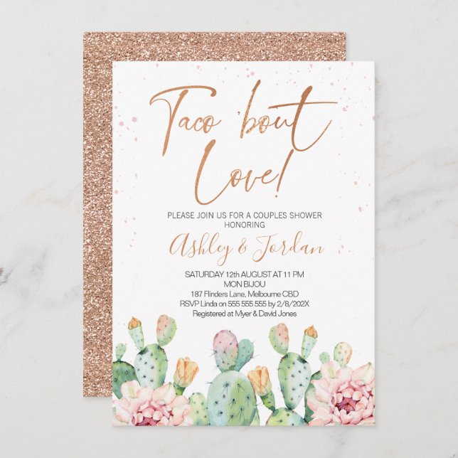 Fiesta Rose Gold Taco ''bout Love Couples Shower Invitation (Front/Back)