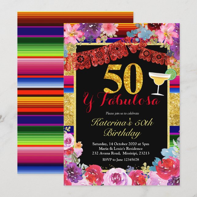 Fiesta Spanish 50 and Fabulous Birthday Invitation (Front/Back)