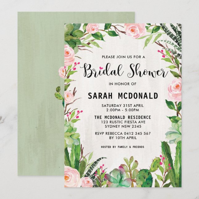 Fiesta Succulent Cactus Bridal Shower Invitation (Front/Back)