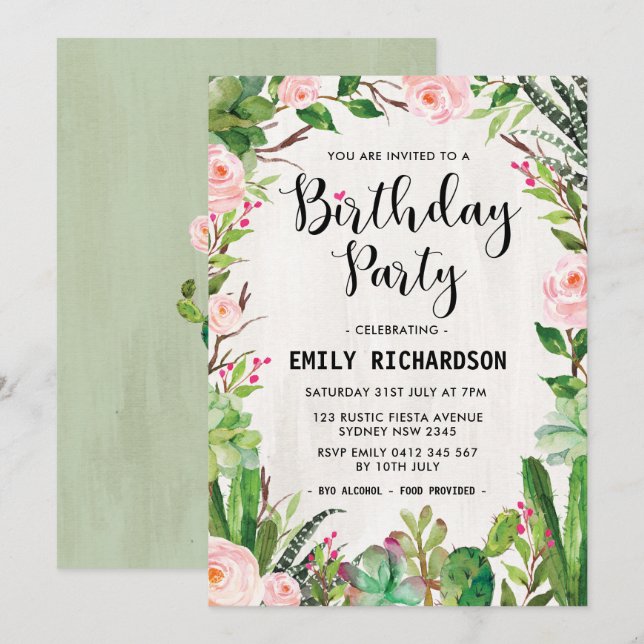 Fiesta Succulent Floral Birthday Party Invite (Front/Back)
