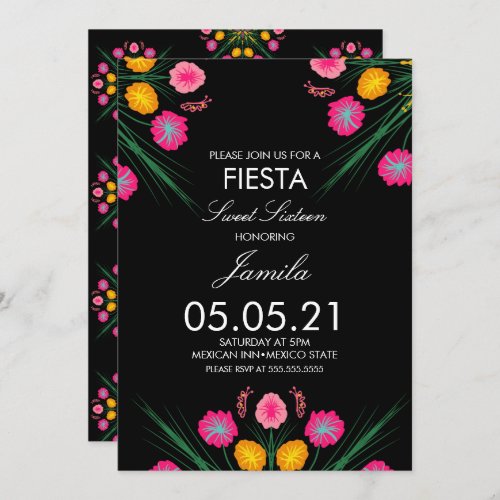Fiesta Sweet 16 Mexican Drawn Floral Butterflies Invitation