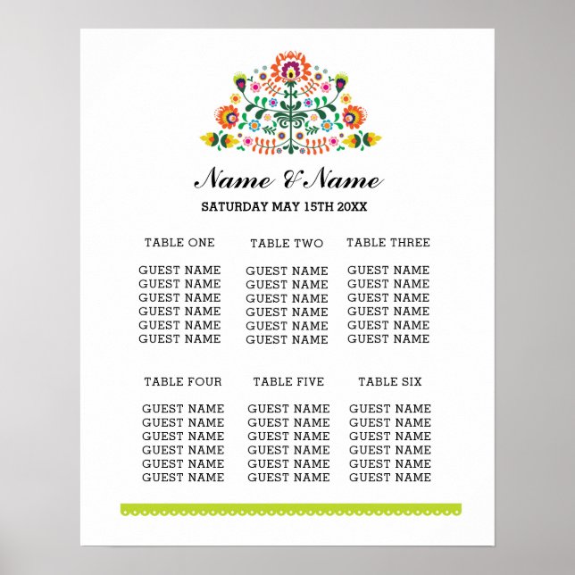 Fiesta Table Plan Wedding Day Poster Seating (Front)