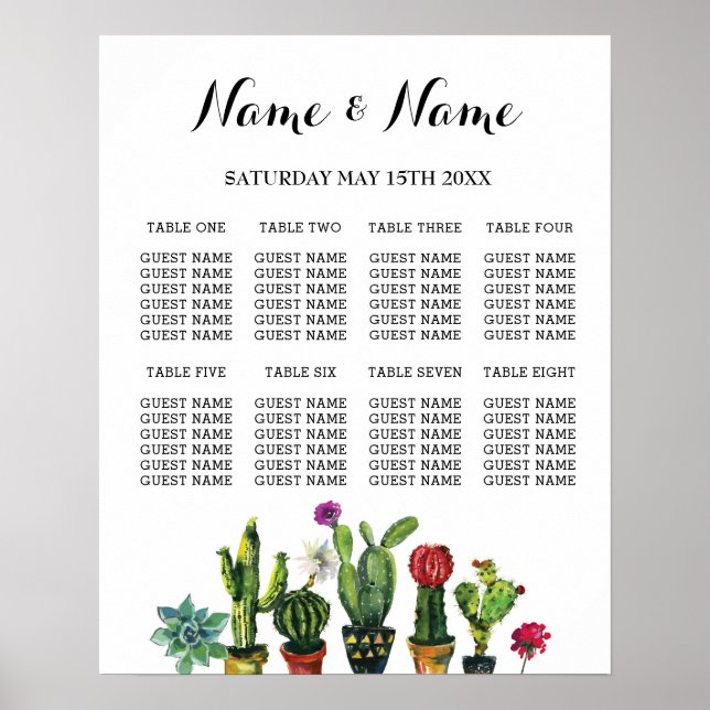 Fiesta Table Plan Wedding Poster 8 Seating Cactus (Front)