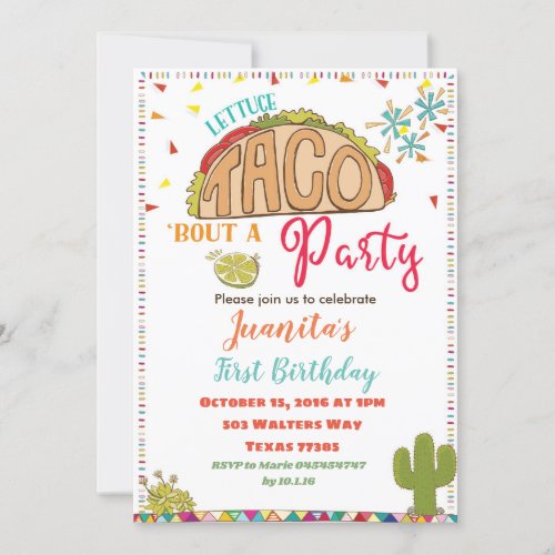 Fiesta Taco Birthday Invitation gender neutral