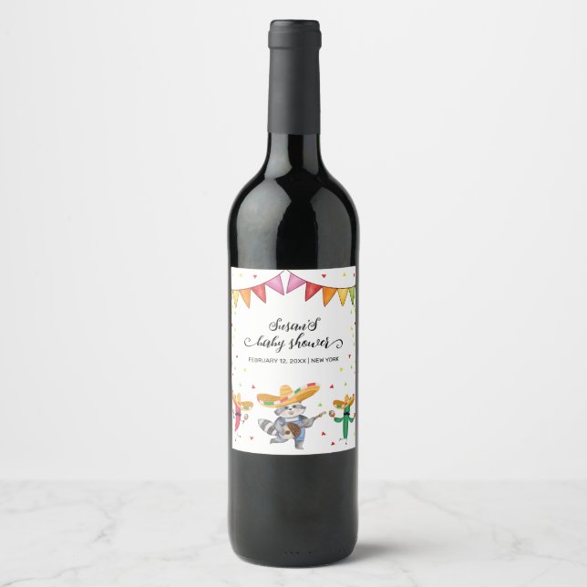 Fiesta Taco 'Bout A Baby Cactus Animal Baby Shower Wine Label (Front)