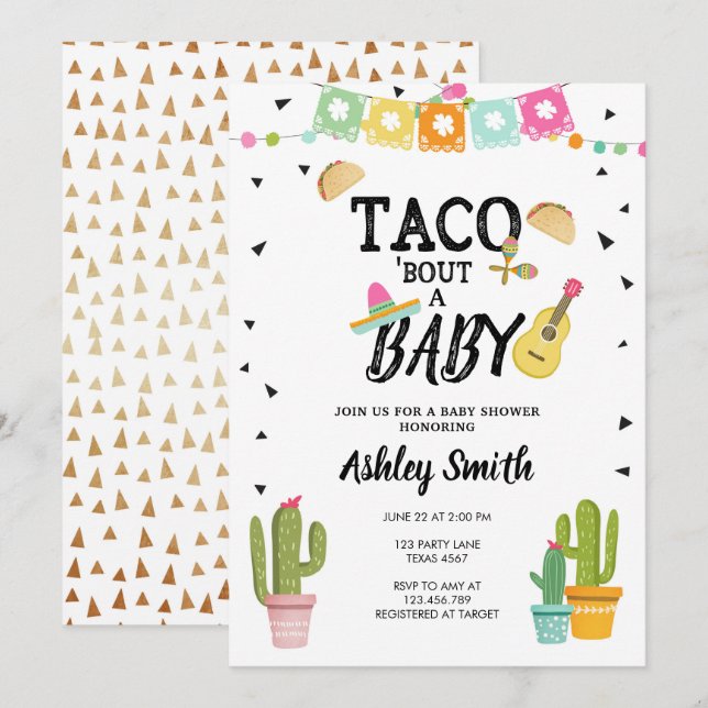 Fiesta Taco Bout Love Cactus Gold Baby Shower Invitation (Front/Back)
