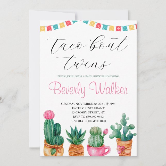 Fiesta Taco 'Bout Twins Mexican Cactus Baby Shower Invitation (Front)