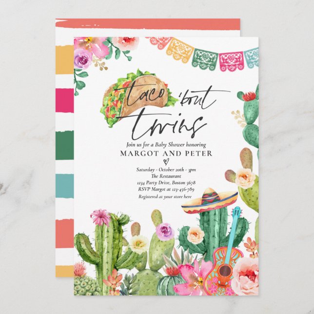 Fiesta Taco 'Bout Twins Mexican Cactus Baby Shower Invitation (Front/Back)