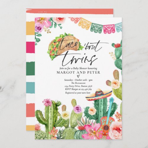 Fiesta Taco Bout Twins Mexican Cactus Baby Shower Invitation