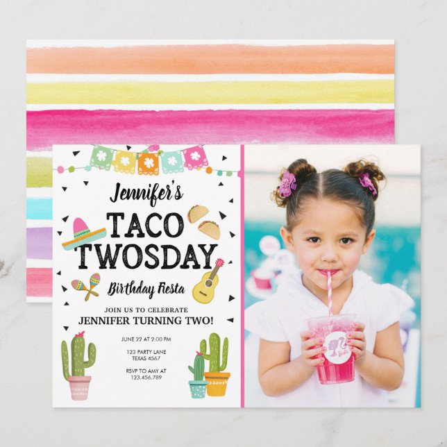 Fiesta Taco Twosday Cactus Girl 2nd Birthday Party Invitation (Front/Back)