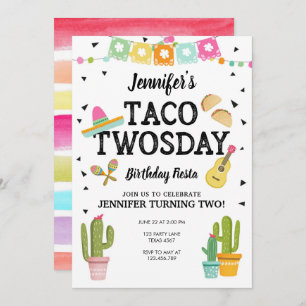 Fiesta Taco Twosday Cactus Girl 2nd Birthday Party Invitation