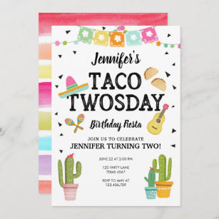 Fiesta Taco Twosday Cactus Girl 2nd Birthday Party Invitation