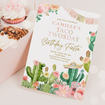 Fiesta Taco Twosday Watercolor Cactus 2nd Birthday Invitation by PixelPerfectionParty at Zazzle