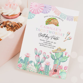 Fiesta Taco Twosday Watercolor Cactus 2nd Birthday Invitation by PixelPerfectionParty at Zazzle