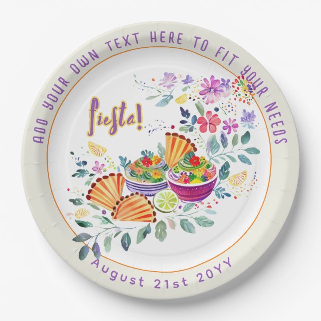 FIESTA Tacos Guacamole Folkart Flowers Custom Paper Plates (Front)