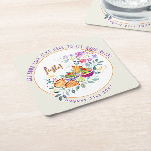 FIESTA Tacos Guacamole Folkart Flowers Custom Square Paper Coaster