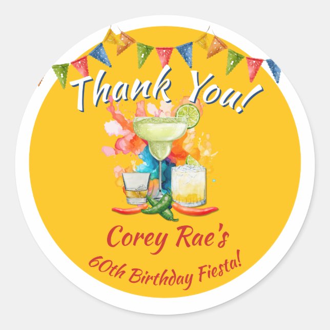 Fiesta Theme Birthday Thank You - 60th Custom Classic Round Sticker (Front)