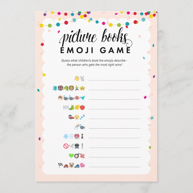Fiesta theme emoji picture books baby shower game program (Front)