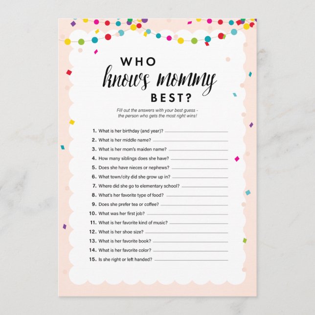 Fiesta theme who knows mommy best baby shower game program (Front)
