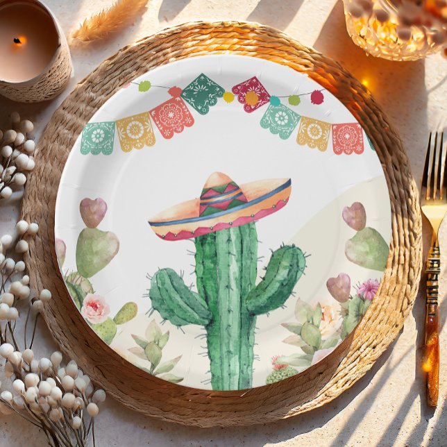 Fiesta Watercolor Cactus Mexican Party Succulent Paper Plates (Creator Uploaded)