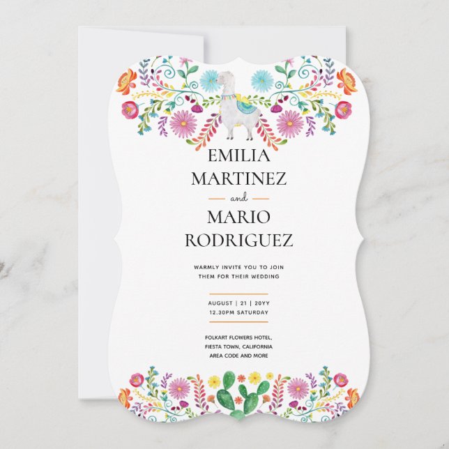 Fiesta Wedding Llama Folk Flowers Cacti Invitation (Front)