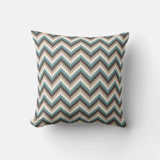 Fiesta Zigzag Chevron Pattern Taupe and Teal Throw Pillow (Front)
