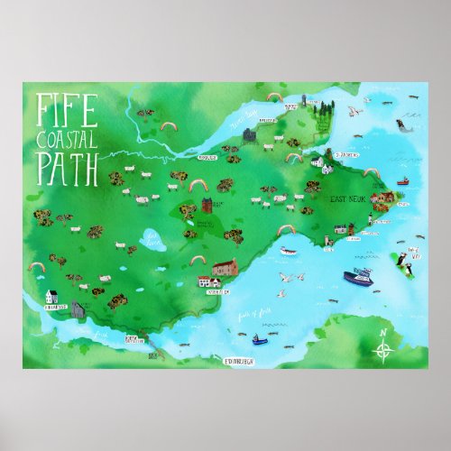 Fife Coastal Path Illustrated Map Watercolor Art Poster