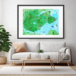 Fife Coastal Path Illustrated Map Watercolor Art Poster