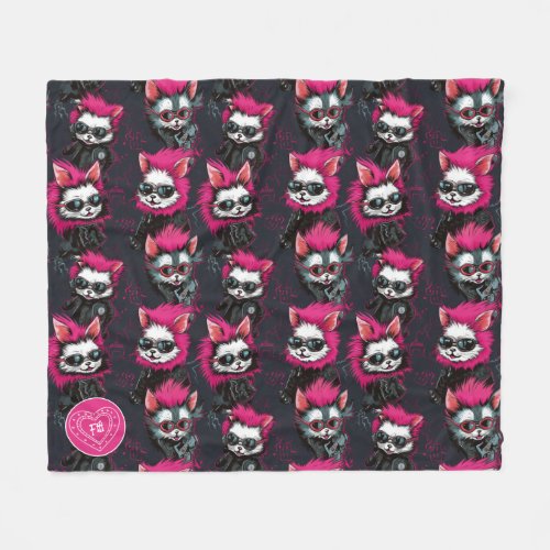 Fifis Rebellion  Neon Pink Punk Cat Dog Fleece Blanket