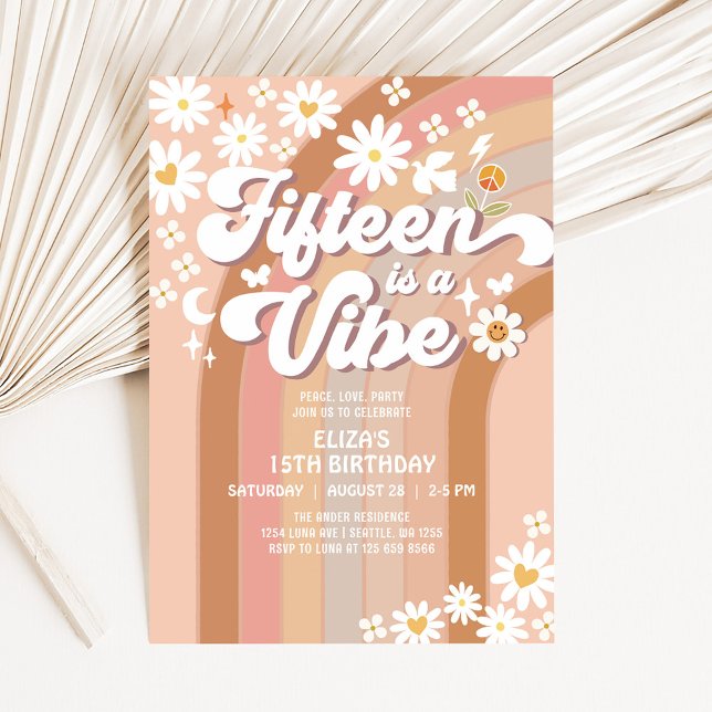 FIFTEEN is A Vibe 15th Daisy Rainbow 70s Birthday Invitation (Creator Uploaded)