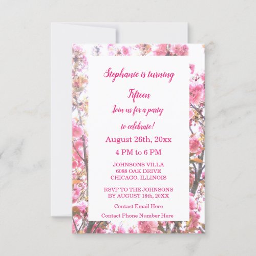 Fifteenth Birthday Pink Cherry Floral Quinceanera Invitation
