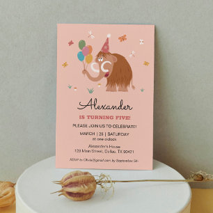 Fifth 5 Birthday Hat Cartoon Cute Mammoth Balloons Invitation