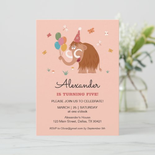 Fifth 5 Birthday Hat Cartoon Cute Mammoth Balloons Invitation