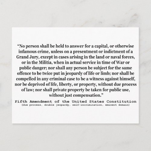Fifth Amendment to the United States Constitution Postcard